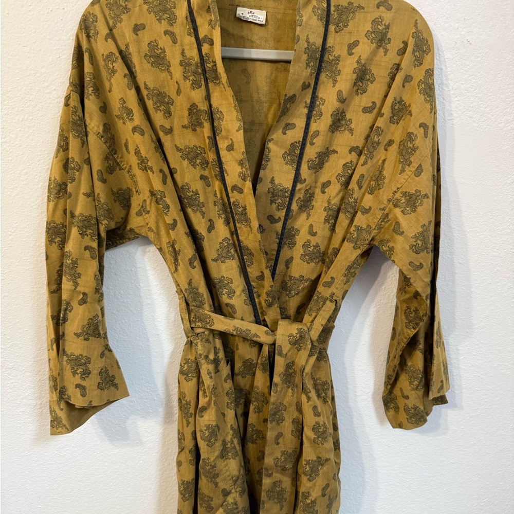Vintage Neiman Marcus Mustard and Black Paisley Kimono cotton size Small
